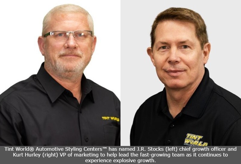 Tint World® Automotive Styling Centers™ has named J.R. Stocks (left) chief growth officer and Kurt Hurley (right) VP of marketing to help lead the fast-growing team as it continues to experience explosive growth