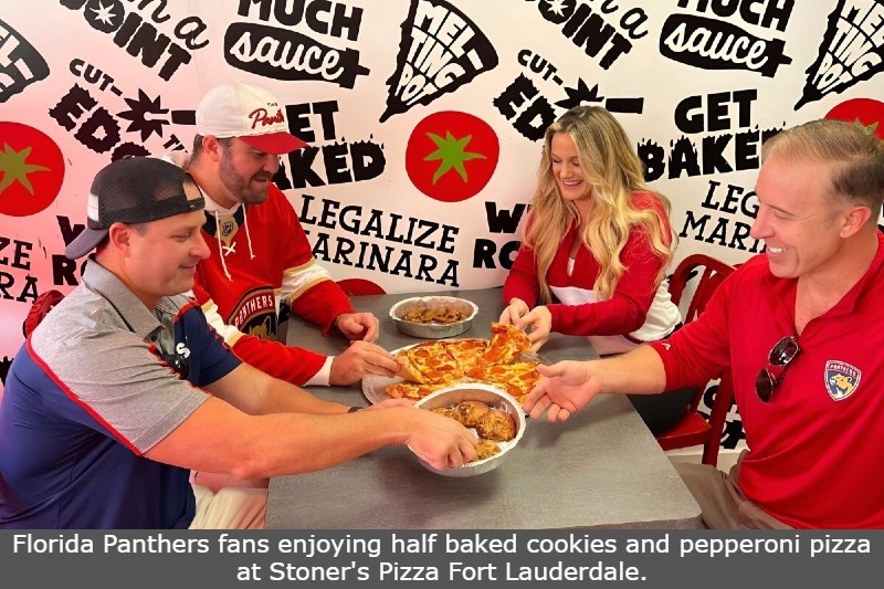 Florida Panthers fans enjoying half baked cookies and pepperoni pizza at Stoner's Pizza Fort Lauderdale.