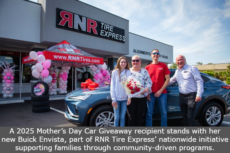 A 2025 Mother’s Day Car Giveaway recipient stands with her new Buick Envista, part of RNR Tire Express’ nationwide initiative supporting families through community-driven programs.