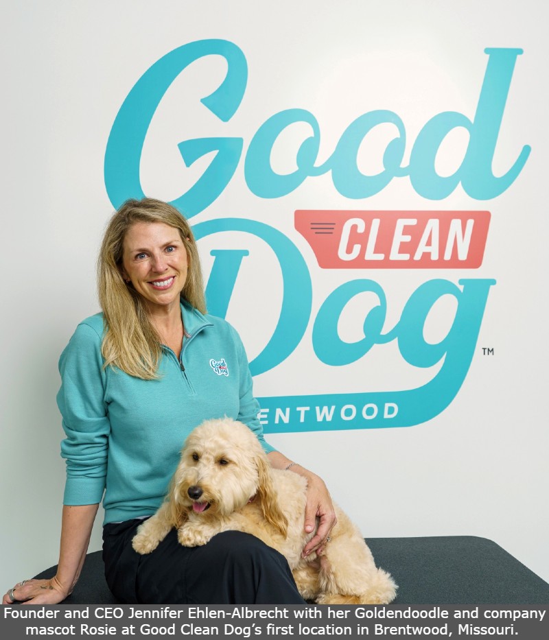 Founder and CEO Jennifer Ehlen-Albrecht with her Goldendoodle and company mascot Rosie at Good Clean Dog’s first location in Brentwood, Missouri.