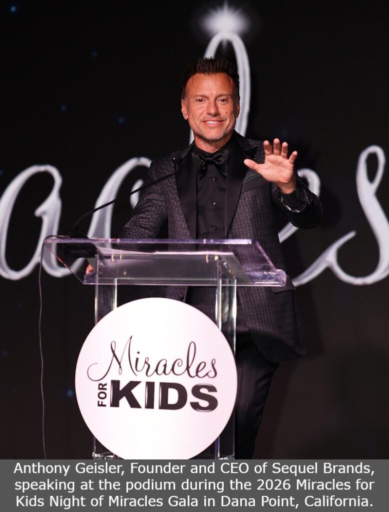 Anthony Geisler, Founder and CEO of Sequel Brands, speaking at the podium during the 2026 Miracles for Kids Night of Miracles Gala in Dana Point, California.